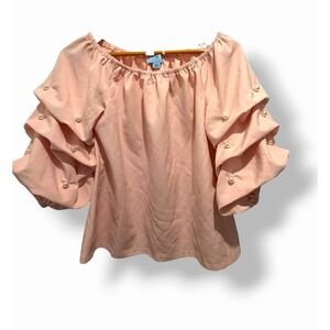 CeCe Light Pink Pearl Puff Sleeve Blouse Small Romantic Coquette Bubble Sleeve